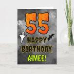 55th Birthday: Eerie Halloween Theme   Custom Name Card<br><div class="desc">The front of this spooky and scary Halloween themed birthday greeting card design features a large number “55” and the message “HAPPY BIRTHDAY, ”, plus a customisable name. There are also depictions of a bat and a ghost on the front. The inside features an editable birthday greeting message, or could...</div>