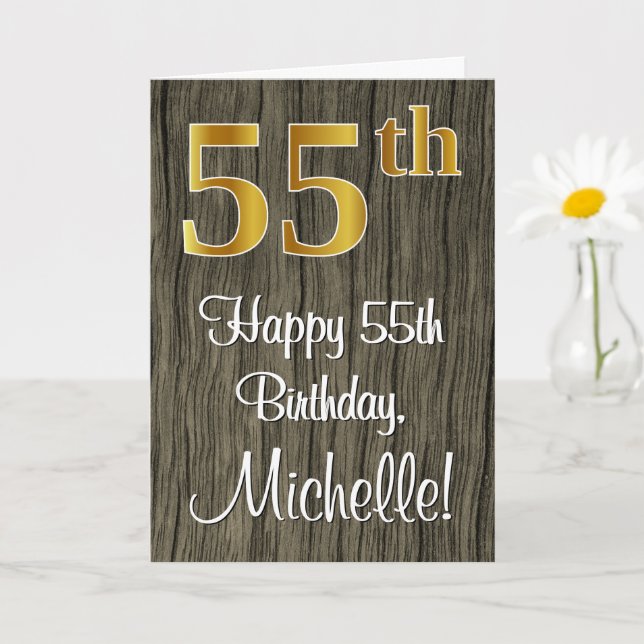 55th Birthday: Elegant Faux Gold Look #, Faux Wood Card (Small Plant)