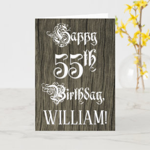 55th Birthday: Fancy, Elegant Text; Faux Wood Look Card