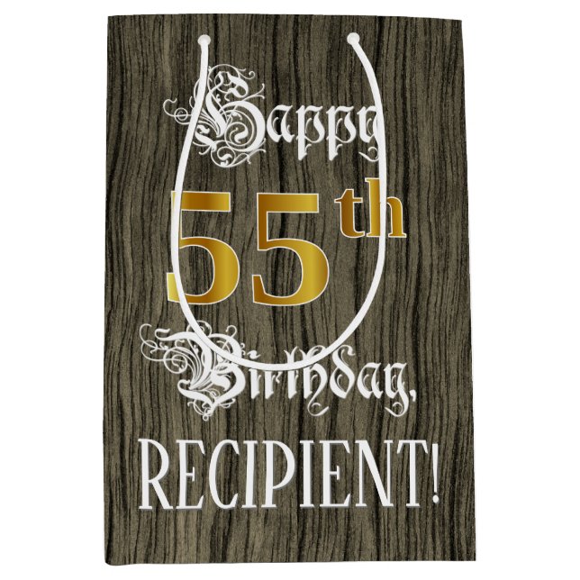55th Birthday: Faux Gold Look & Faux Wood Pattern Medium Gift Bag (Front)