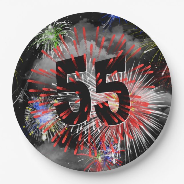 55th Birthday Fireworks In Clouds  Paper Plate (Front)