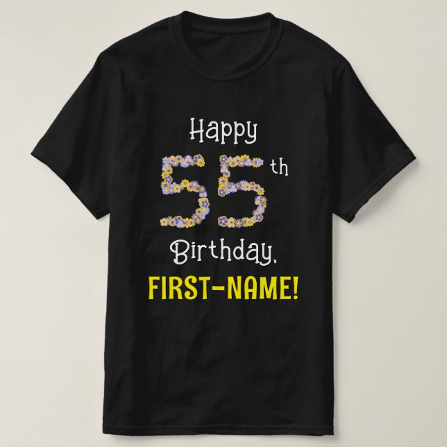 55th Birthday: Floral Flowers Number “55” + Name T-Shirt (Design Front)
