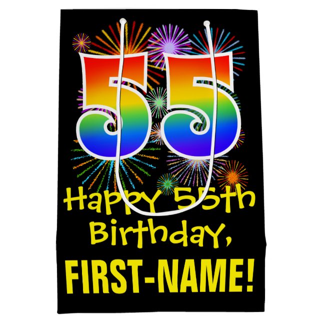 55th Birthday: Fun Fireworks Pattern + Rainbow 55 Medium Gift Bag (Back)