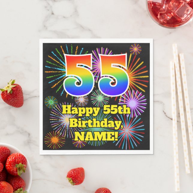 55th Birthday: Fun Fireworks Pattern + Rainbow 55 Napkin (Insitu)