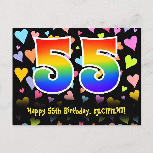 55th Birthday: Fun Hearts Pattern, Rainbow 55 Postcard (Front)