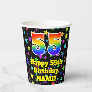 55th Birthday: Fun Stars Pattern and Rainbow 55 Paper Cups