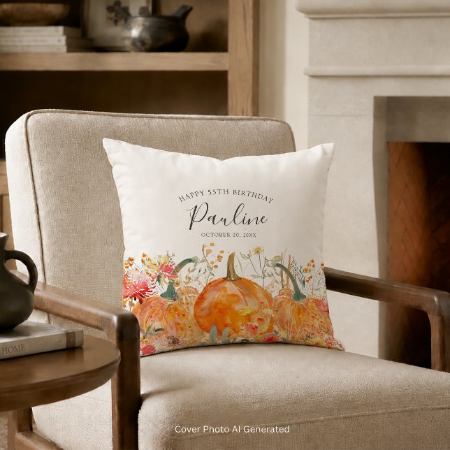55th Birthday Gift Fall Pumpkin Wildflower Custom Cushion (Creator Uploaded)
