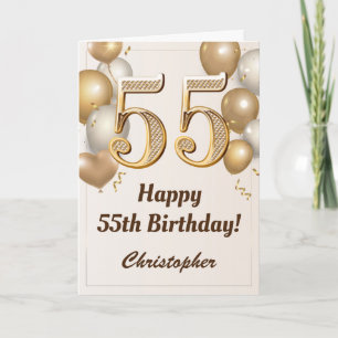 55th Birthday Gold Balloons and Confetti Birthday Card
