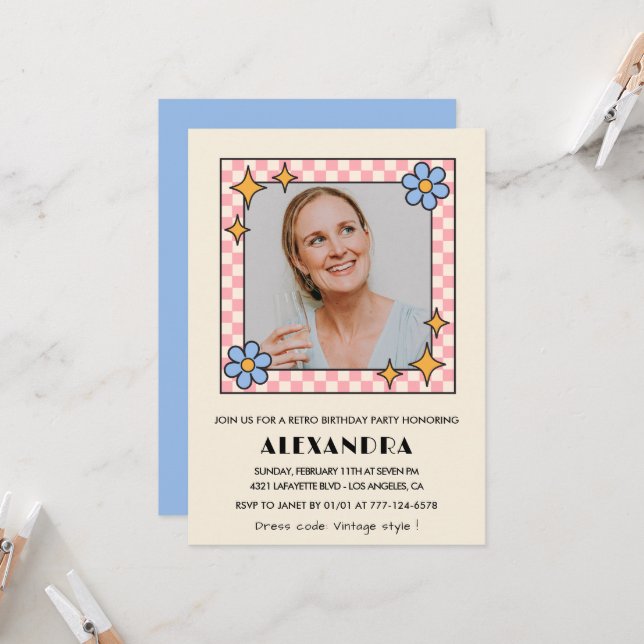 55th birthday invitation Retro Groovy Blue Flowers (Front/Back In Situ)