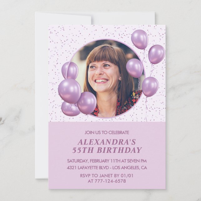 55th birthday invitations Balloons Photo Purple (Front)