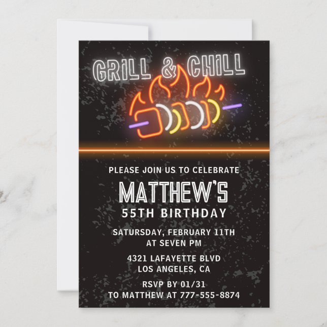 55th birthday invitations Bbq Black Neon (Front)