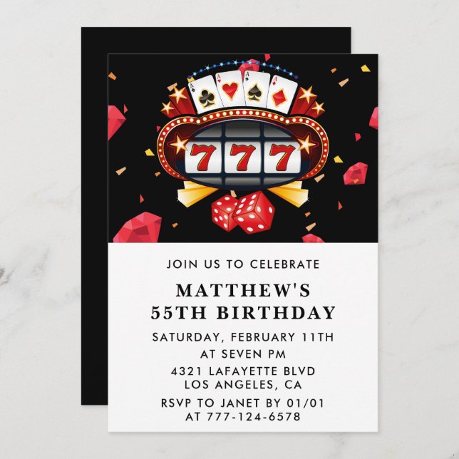 55th birthday invitations Casino theme Poker Black (Front/Back)