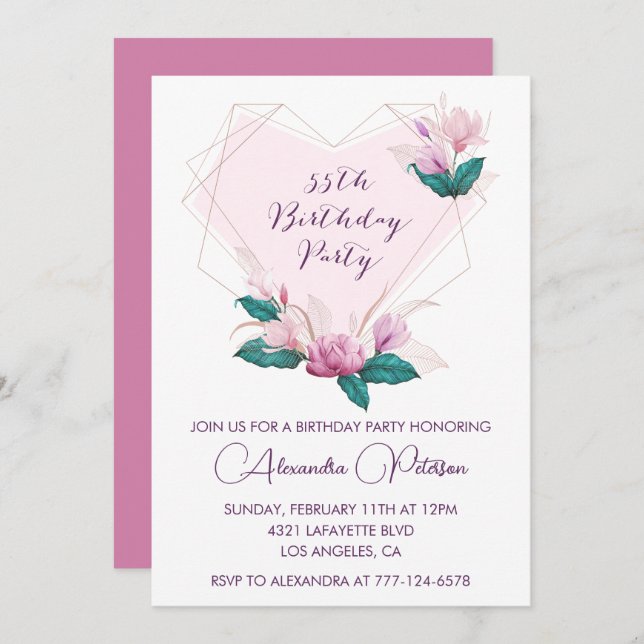 55th birthday invitations Elegant Boho pink (Front/Back)
