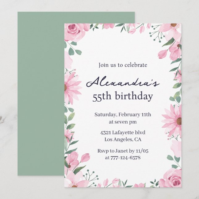 55th birthday invitations Floral Frame Pink Green (Front/Back)