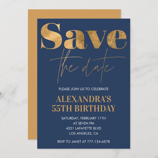 55th birthday invitations Save the date Gold Navy (Front/Back)