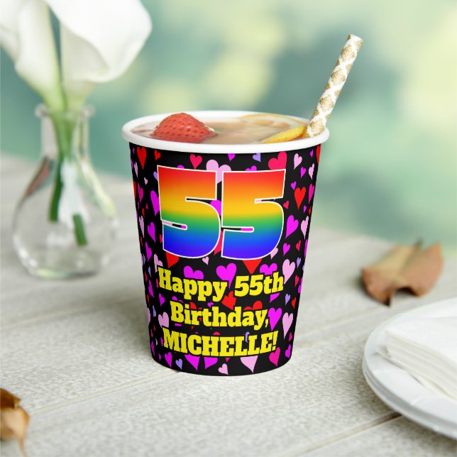 55th Birthday: Loving Hearts Pattern, Rainbow 55 Paper Cups (Insitu)