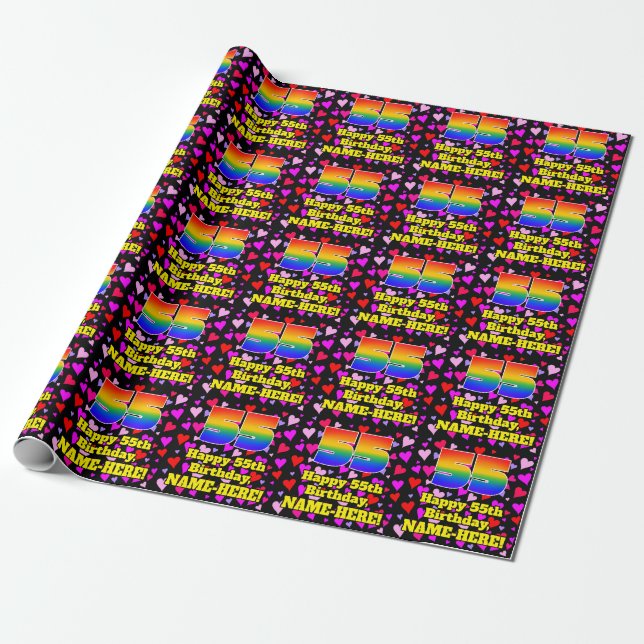 55th Birthday: Loving Hearts Pattern, Rainbow # 55 Wrapping Paper (Unrolled)