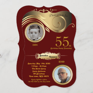 55th,Birthday Man age, art deco,Bordeaux gold Invitation