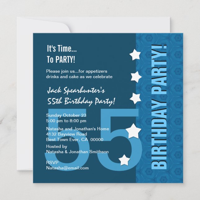 55th Birthday Modern Hues of Blue Funny D845B1 Invitation (Front)