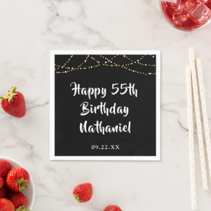 55th Birthday Modern String Lights Black Napkin