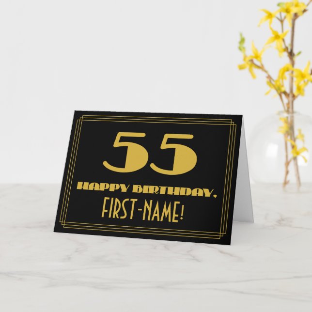 55th Birthday: Name + Art Deco Inspired Look "55" Card (Yellow Flower)