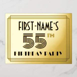55th Birthday Party ~ Art Deco Style “55” + Name Foil Invitation Postcard