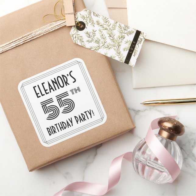 55th Birthday Party: Art Deco Style + Custom Name Square Sticker (Gifting)