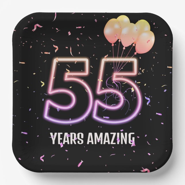 55th Birthday Party Balloons and Confetti Paper Plate (Front)