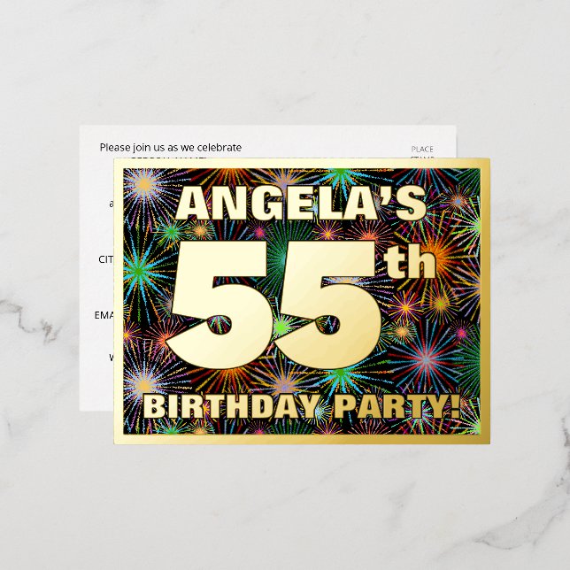 55th Birthday Party: Bold, Colourful Fireworks Loo Foil Invitation Postcard (Front/Back)