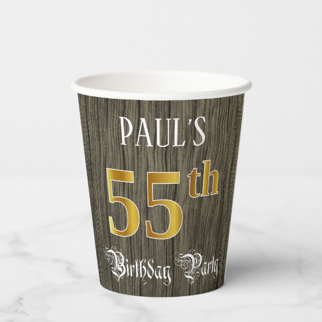 55th Birthday Party — Faux Gold & Faux Wood Looks Paper Cups (Back)
