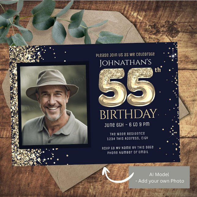 55th Birthday Party Gold Blue Invitation (Creator Uploaded)