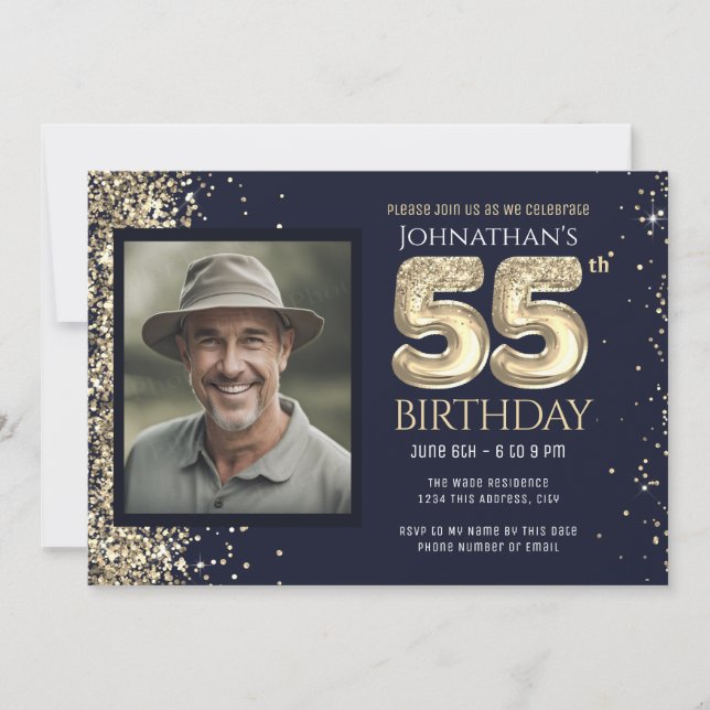 55th Birthday Party Gold Blue Invitation (Front)