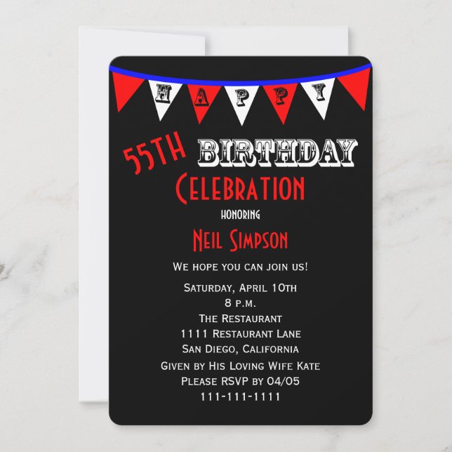 55th Birthday Party Invitation Bunting (Front)