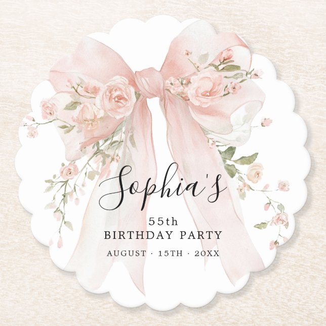55th Birthday Party Pink Bow with Roses Paper Coaster (Front)