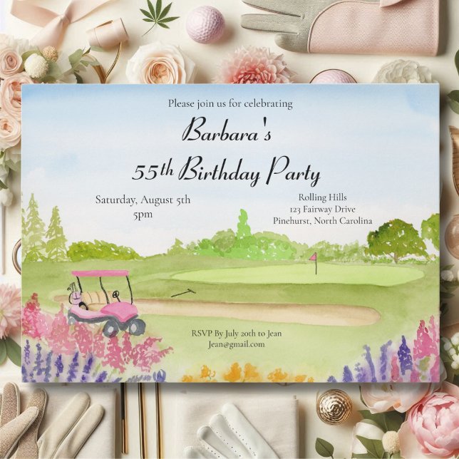 55th Birthday Party Pink Golf Cart Golf Course Invitation (Creator Uploaded)