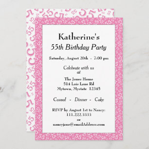 55th Birthday Party, Pink/White Number Pattern Invitation
