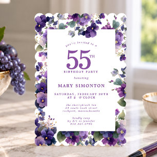 55th Birthday Party Purple Violet Flower Invitation