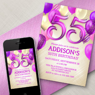 55th Birthday Pink Balloons Invitation