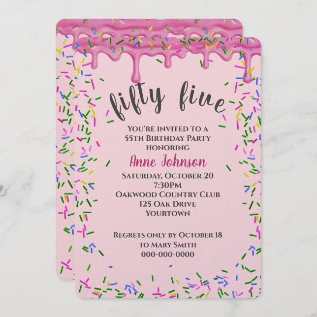 55th Birthday Pink Icing And Sprinkles Invitation (Front/Back)
