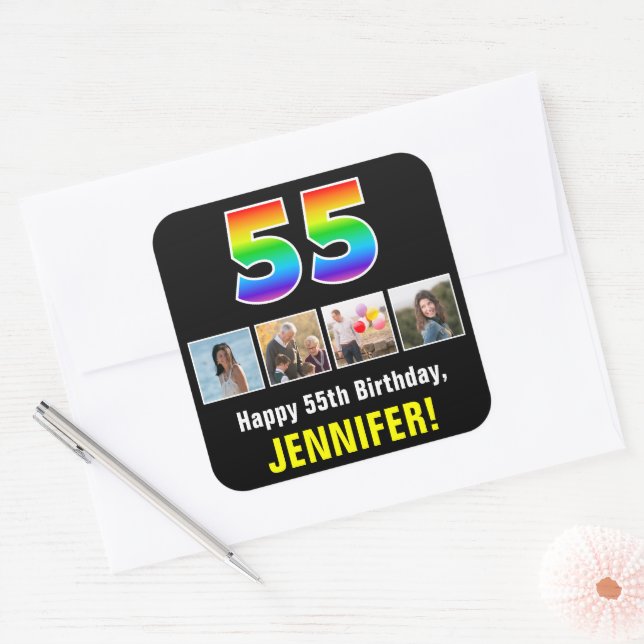55th Birthday: Rainbow “55”; Custom Photos & Name Square Sticker (Envelope)