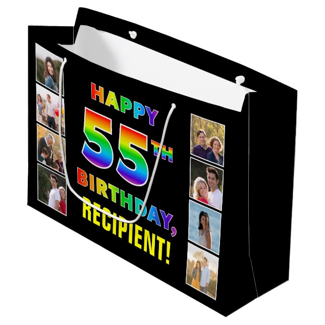 55th Birthday: Rainbow Text, Custom Photos & Name Large Gift Bag (Front Angled)