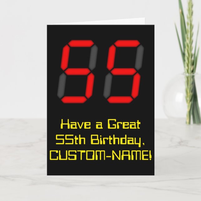 55th Birthday: Red Digital Clock Style "55" + Name Card (Front)