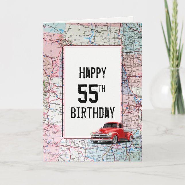 55th Birthday Red Retro Truck on Map   Card (Front)