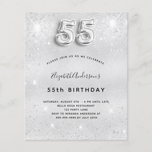 55th birthday silver glitter budget invitation (Front)