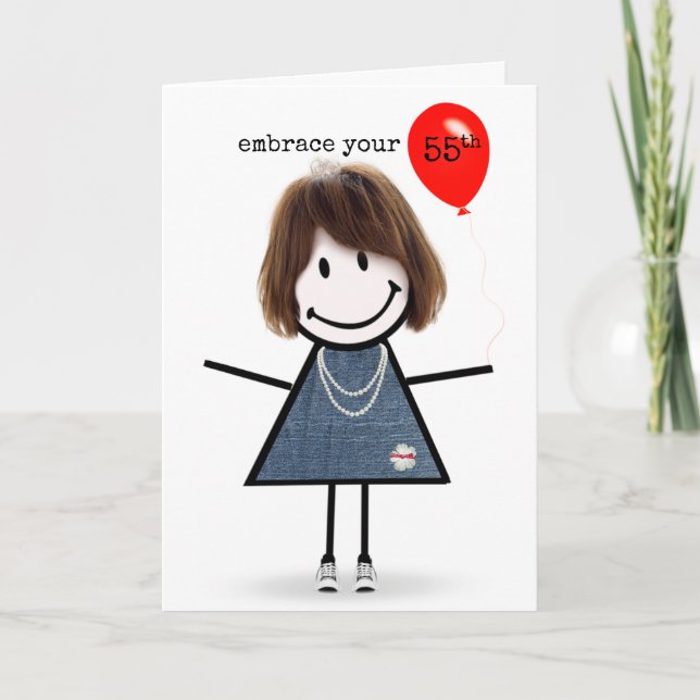 55th Birthday Stick Figure Girl with Red Balloon  Card (Front)
