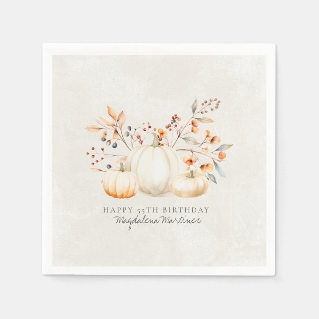 55th Birthday White Pumpkin Fall Leaves Custom Napkin (Front)