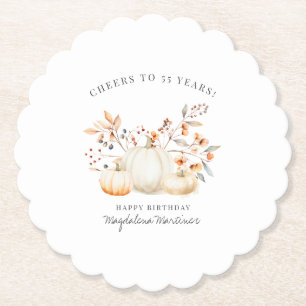 55th Birthday White Pumpkin Fall Leaves Custom Paper Coaster