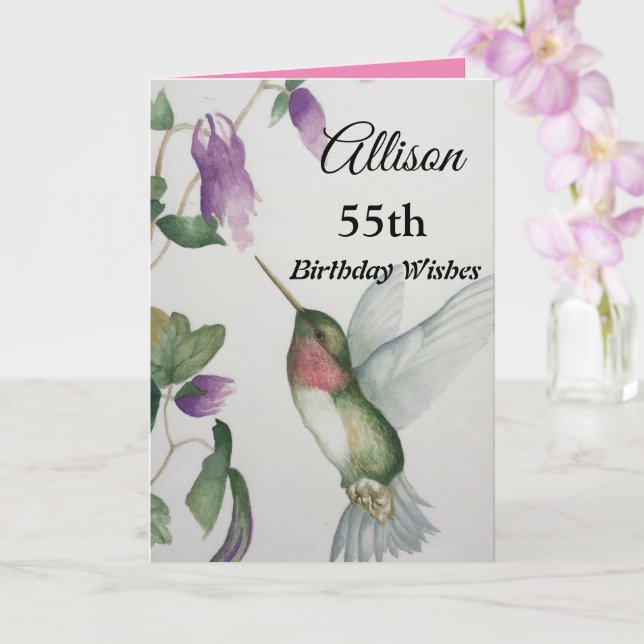 55th Birthday Wishes Elegant Pretty Hummingbird Card (Orchid)