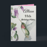 55th Birthday Wishes Elegant Pretty Hummingbird Card<br><div class="desc">Celebrate her 55th birthday with an elegant hummingbird design on a charming greeting card. Created from my original watercolour painting, the lovely little bird and flower image will brighten the day for birdwatchers, gardeners and nature lovers. The special woman in your life will love the pastel colors of cream, pink...</div>