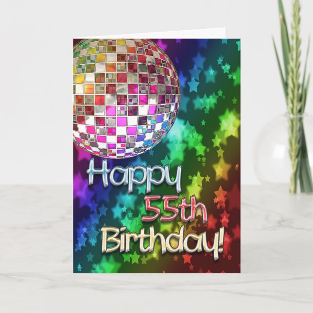 55th birthday with disco ball and rainbow of stars card (Front)